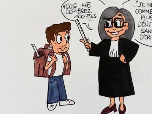 Une avocate, avec une citation humour décalé, menace un écolier : "Vous me copierez 100 fois... Je ne commettrai plus de délit, et sans faute d'orthographe !