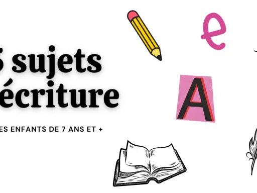 15 sujets d'écriture pour un atelier créatif. Une ampoule, une plume, un livre ouvert et des lettres suggèrent des idées pour les enfants dès 7 ans.