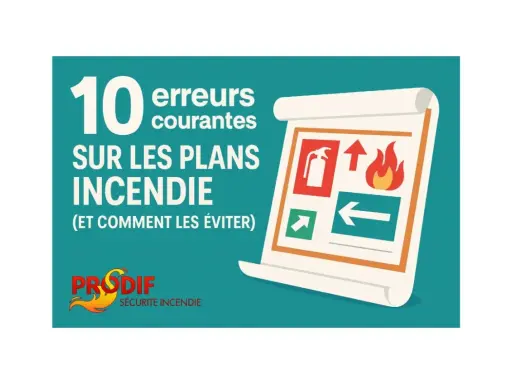 Illustration sur les 10 erreurs courantes sur les plans incendie, avec des symboles de sécurité. Un exemple de dossier RAEP rédigé serait utile pour comprendre ces erreurs.