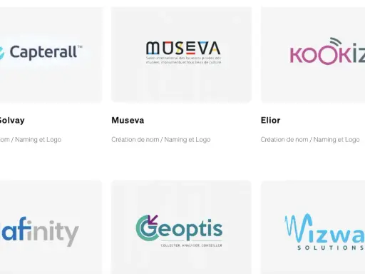 Logos de "Capterall", "Museva", "Kookiz", "Dafinity", "Geoptis" et "Wizway". Le nom d'aventurier imaginaire "Kookiz" est particulièrement intriguant.