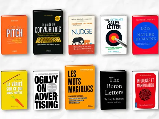 Une pile de livres sur le marketing et la persuasion, une excellente idée de livre à écrire pour les entrepreneurs.