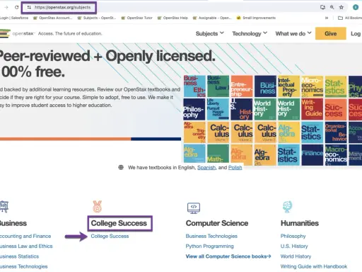 Page d'accueil OpenStax. Recherche de livres par sujet, comme "College Success". Idéal pour une recherche livre par ISBN.