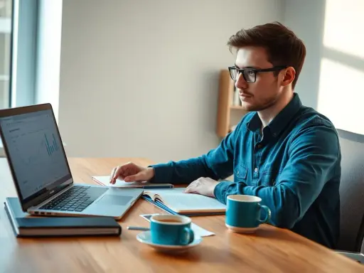 Un jeune homme concentré sur son ordinateur portable, préparant un mémoire sur le télétravail. Une tasse de café à portée de main.