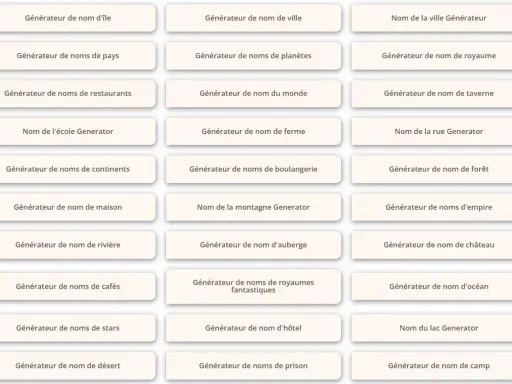 Générateurs de noms pour créer un **nom de royaume imaginaire français**, villes, pays, et plus encore.