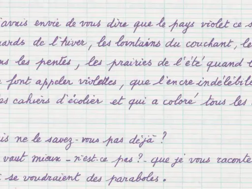 Manuscrit exemple : description poétique du pays violet, des pensées sauvages aux doigts tachés d'encre.
