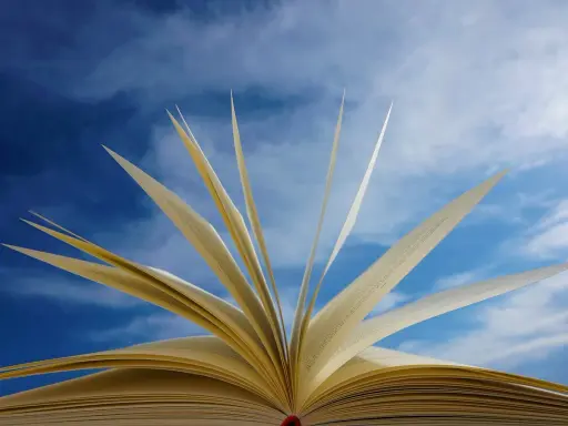 Un livre ouvert, ses pages s'envolent comme des oiseaux dans un ciel bleu. Un troisième exemple d'autobiographie, où chaque page raconte une nouvelle aventure.