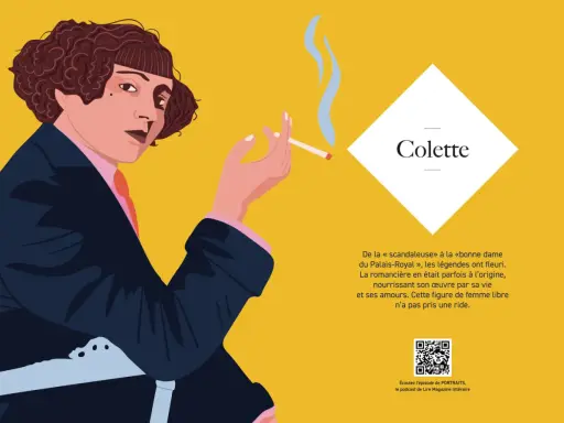 Portrait stylisé de Colette, femme de lettre française, fumant une cigarette. Son regard est intense, sa coiffure bouclée et elle porte un costume sombre.