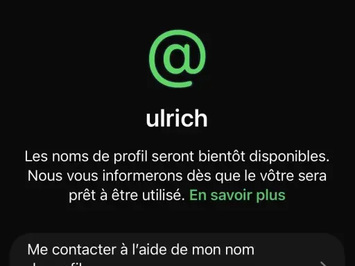 Ulrich se prépare à créer un pseudo à partir de son nom. Les noms de profil seront bientôt disponibles.