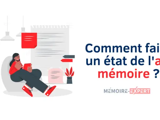 Illustration d'une personne travaillant sur son mémoire. Le texte demande : "Comment faire un état de l'art mémoire ?
