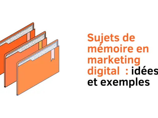 Dossiers orange illustrant des sujets de mémoire en marketing digital, avec des idées et exemples.