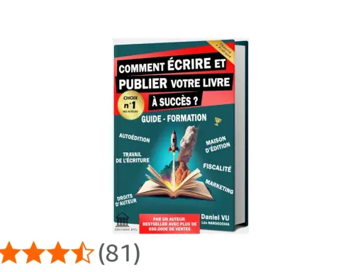 Guide "Comment écrire et publier votre livre à succès", avec un livre ouvert d'où s'échappe une fusée. Idéal pour savoir comment publier son livre.