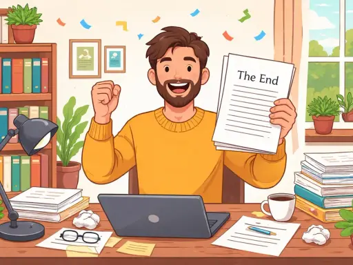 Un auteur fier tient son manuscrit terminé, prêt à le publier à compte d'auteur. Confettis et sourire radieux célèbrent cette étape !