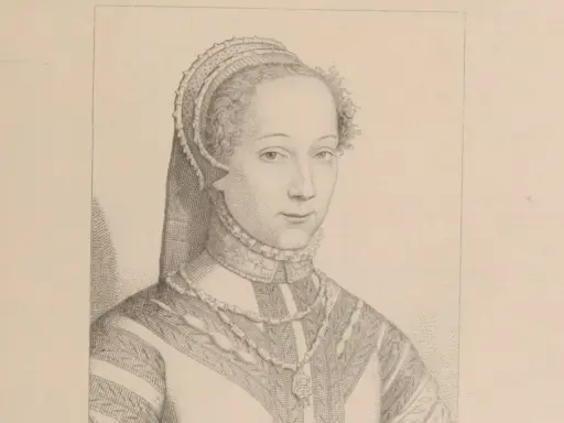 Portrait gravé d'une femme à la coiffe Renaissance, rappelant l'élégance d'un auteur humaniste.