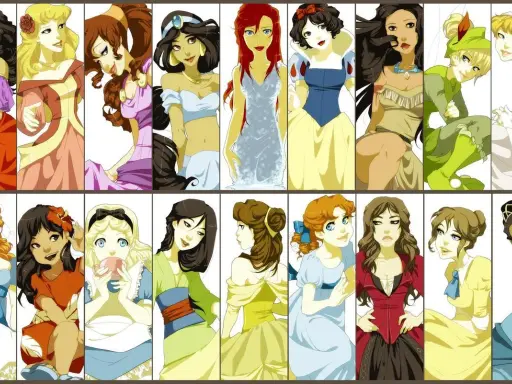 Collection de personnages féminins célèbres, dont Ariel, Blanche-Neige et Cendrillon, dans des tenues colorées.