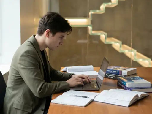 Un étudiant concentré sur son ordinateur portable, entouré de livres sur la rédaction de thèse. Il se prépare peut-être à la soutenance de thèse, se demandant combien de temps dure une soutenance de thèse.