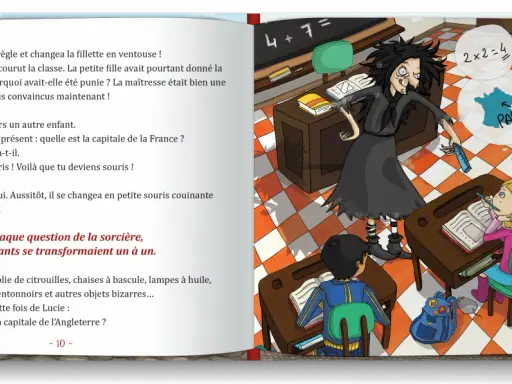 Une sorcière transforme des élèves en souris dans une salle de classe. Elle interroge un élève sur la capitale de la France.