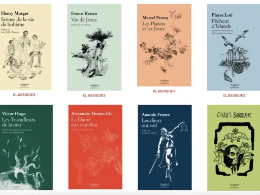Couvertures de livres classiques de l'édition Calmann Lévy : Murger, Renan, Proust, Loti, Hugo, Dumas fils, France, Baudelaire.