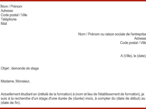 Modèle de lettre de motivation pour une demande de stage en laboratoire. Il inclut les champs pour les coordonnées de l'expéditeur et du destinataire, ainsi que le corps de la lettre.
