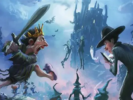 Un roi démoniaque aux dents pointues, armé d'une épée, charge vers un jeune sorcier lisant un livre. Des créatures fantasmagoriques et un château menaçant peuplent ce monde de fantasy.