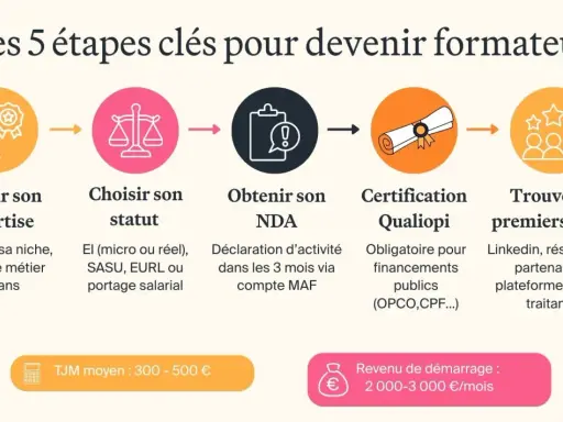 Les 5 étapes pour devenir formateur : définir son expertise, choisir son statut, obtenir son NDA, certification Qualiopi, trouver ses clients. Un exemple pour raconter son histoire personnelle.