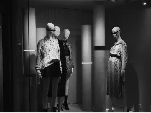Mannequins dans une vitrine, avec un look nom americain stylé. L'une porte un pull à motifs et une jupe, l'autre une robe à imprimé serpent.