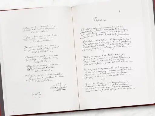 Manuscrit des éditions Pauvert : poèmes manuscrits, dont une page de "Roman" avec des vers de Verlaine.