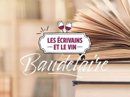 L'âme du vin et des écrivains, une ode à Baudelaire. Un livre ouvert sur des étagères, symbolisant la richesse de la littérature et du vin.