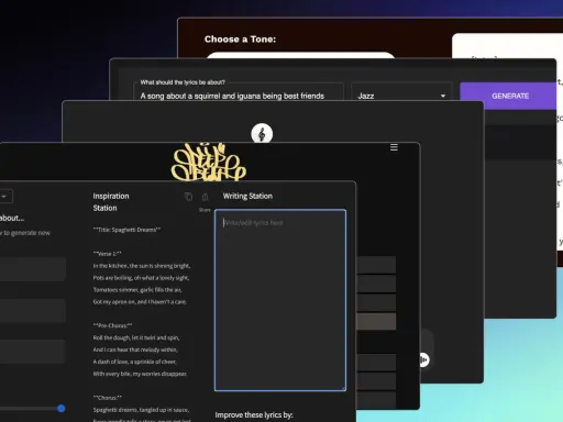 Interface pour écrire des paroles de chanson sur un écureuil et un iguane. Le texte à écrire est "Spaghetti Dreams".