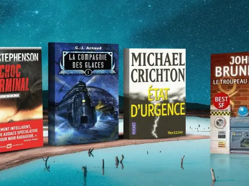 Quatre livres de science-fiction : Neal Stephenson, G.-J. Arnaud, Michael Crichton et John Brunner, parmi les auteurs de science-fiction les plus connus.