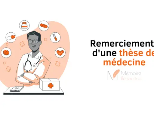 Illustration d'un médecin entouré d'icônes médicales, avec le titre "Remerciements d'une thèse de médecine". Un clin d'œil au remerciement mémoire.