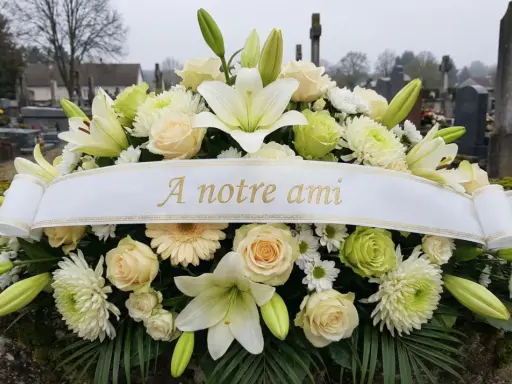 Un bouquet de fleurs blanches et crème, orné d'un ruban "À notre ami", symbolise une belle histoire d'amitié.
