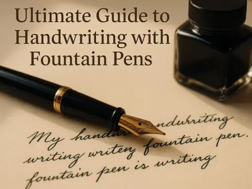 Une plume écrivain dorée repose sur du papier, à côté d'un encrier. Le texte "Ultimate Guide to Handwriting with Fountain Pens" est visible.