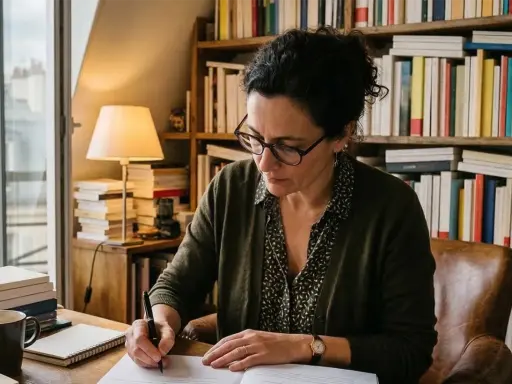 Une femme rédige des manuscrits dans son bureau, entourée de livres. Elle travaille pour une maison d'édition poésie.
