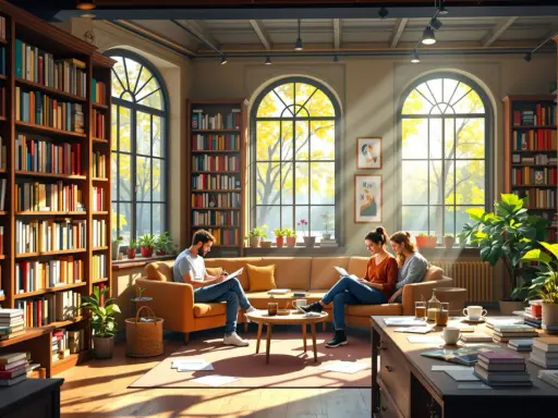 Dans une bibliothèque lumineuse, des personnes lisent. La **liste des éditeurs** est peut-être cachée dans ces ouvrages.