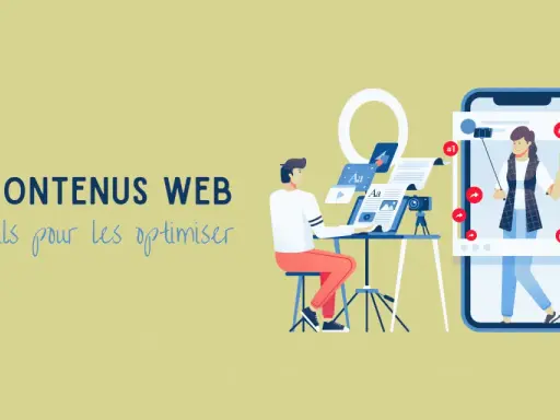 Illustration montrant comment publier du contenu web optimisé. Un homme travaille sur un ordinateur, une femme est filmée pour les réseaux sociaux.