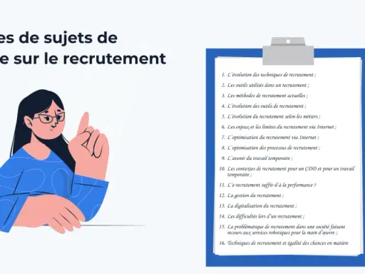 Une illustration présente des exemples de sujets de mémoire sur le recrutement, dont la problématique de recrutement dans une société robotisée.