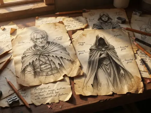 Croquis de personnages pour un jeu : un vieil homme barbu, "Polder", et une mystérieuse mage voilée.
