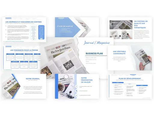 Présentation d'un plan d'affaires pour comment créer un magazine, incluant des études de marché, des tendances et une proposition de valeur.