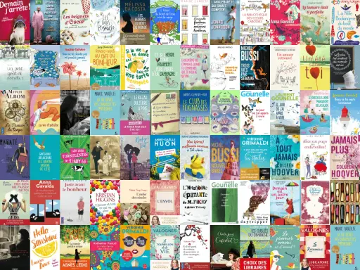 Une mosaïque de couvertures de livres, offrant une définition du roman feel good : des histoires pleines d'espoir, d'amour et de moments doux.
