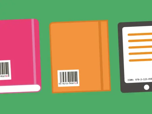 Trois livres, dont un rose et un orange, affichent des codes-barres. Une tablette affiche le numéro ISBN.