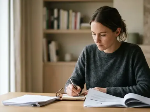 Femme concentrée rédigeant sa dissertation sur le service public, entourée de documents.