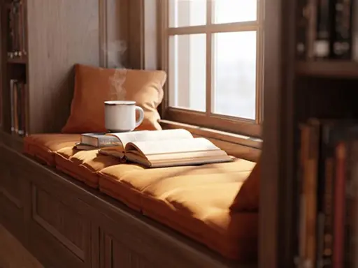 Un coin lecture cosy fantasy : un livre ouvert, une tasse fumante et des étagères remplies de livres, près d'une fenêtre baignée de lumière.