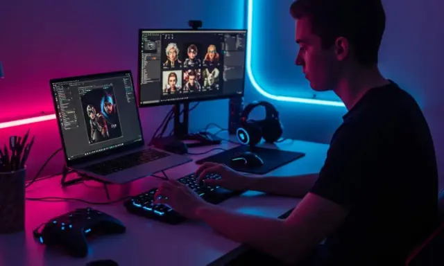 Un jeune homme stylé, concentré sur son écran, crée des mondes virtuels. Son setup gaming est illuminé par des néons bleus et roses.