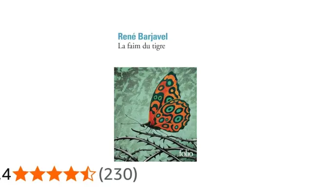Couverture de "La faim du tigre" de René Barjavel, souvent cité comme son meilleur livre. Un papillon aux couleurs vives se pose sur des ronces.