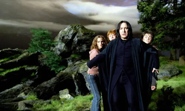 Severus Rogue, jeune et sombre, guide Harry, Ron et Hermione à travers un paysage rocheux et brumeux.