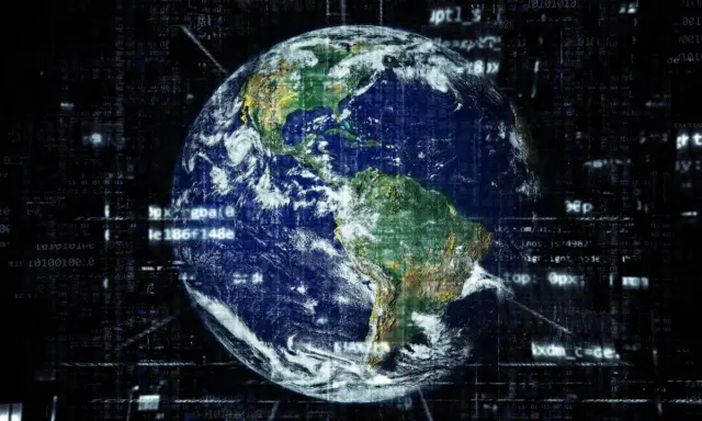 La Terre vue de l'espace, entourée de code binaire, symbolisant la dissertation sur la mondialisation et la connectivité globale.