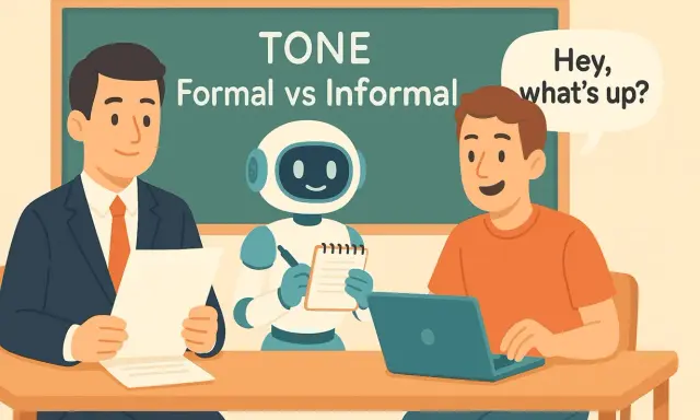 Un homme en costume, un robot et un jeune homme discutent. Le tableau indique "TONE Formal vs Informal", illustrant la communication formelle et informelle.