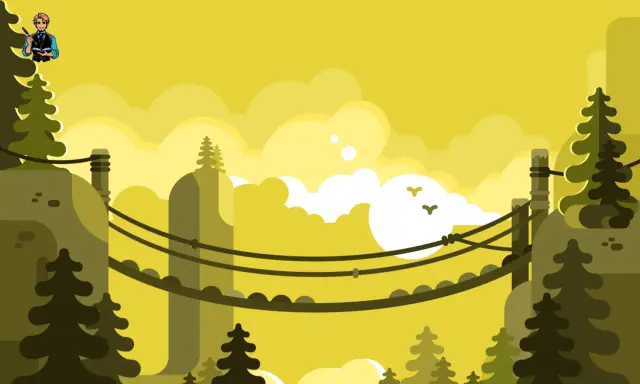 Un artiste imagine qu'est ce qu'un cliffhanger, suspendu au-dessus d'un paysage stylisé de montagnes et de nuages jaunes.