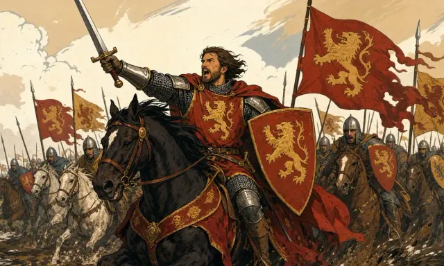 Un chevalier au nom de chevalier stylé mène une charge à cheval, brandissant son épée sous des drapeaux au lion. L'armée avance.