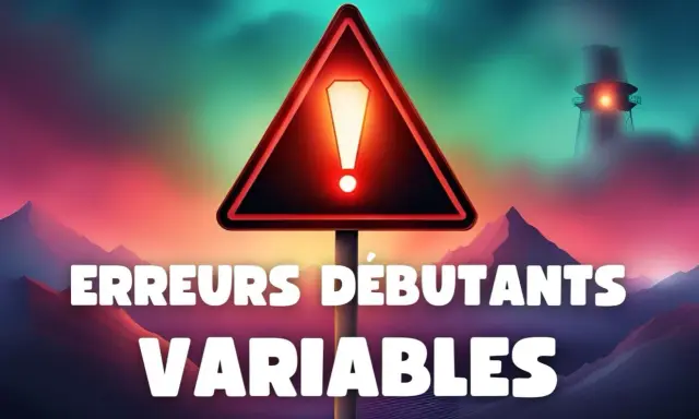Panneau d'avertissement "Erreurs Débutants Variables" dans un paysage surréaliste.